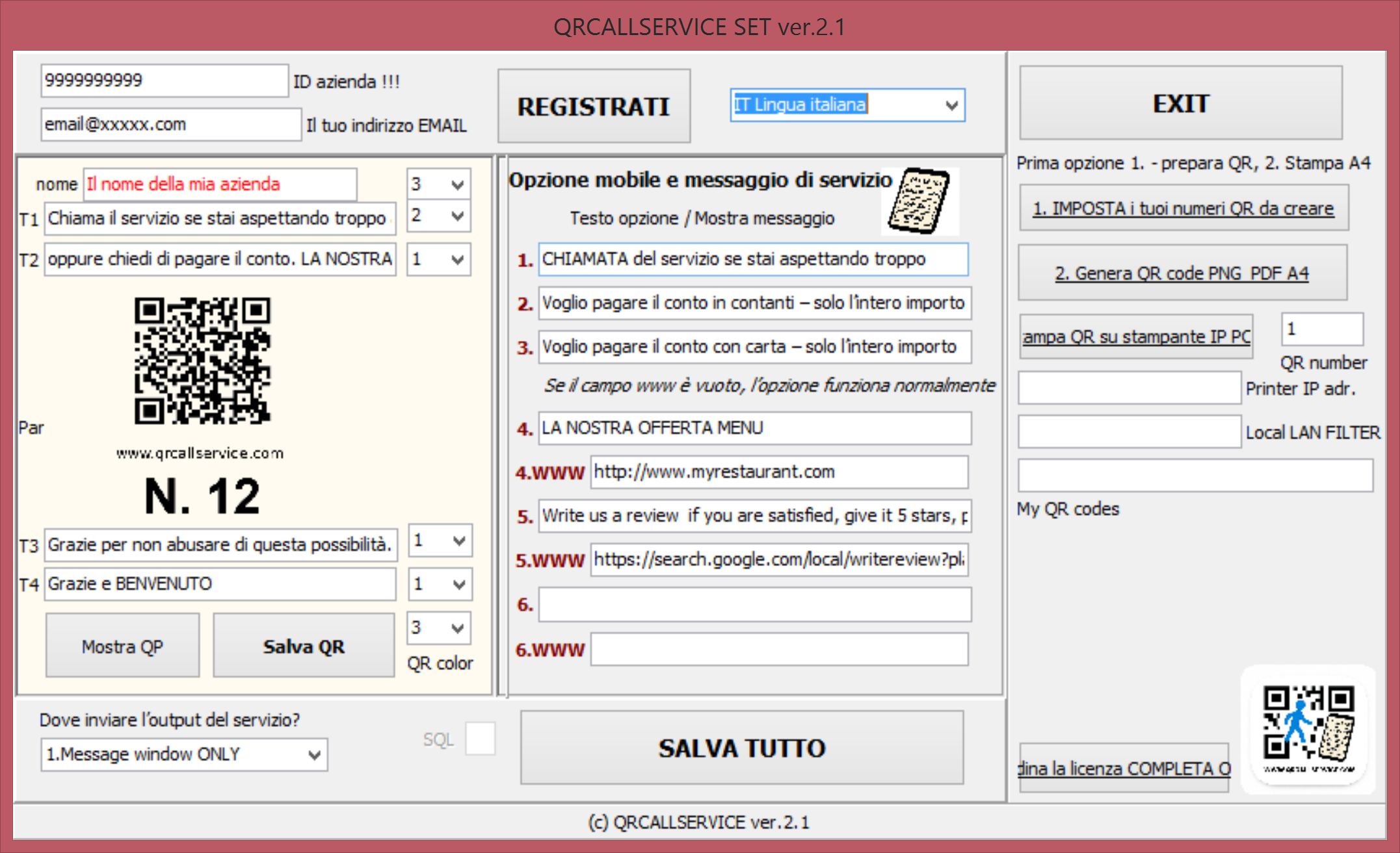 Configurazione dell'app QRCallService