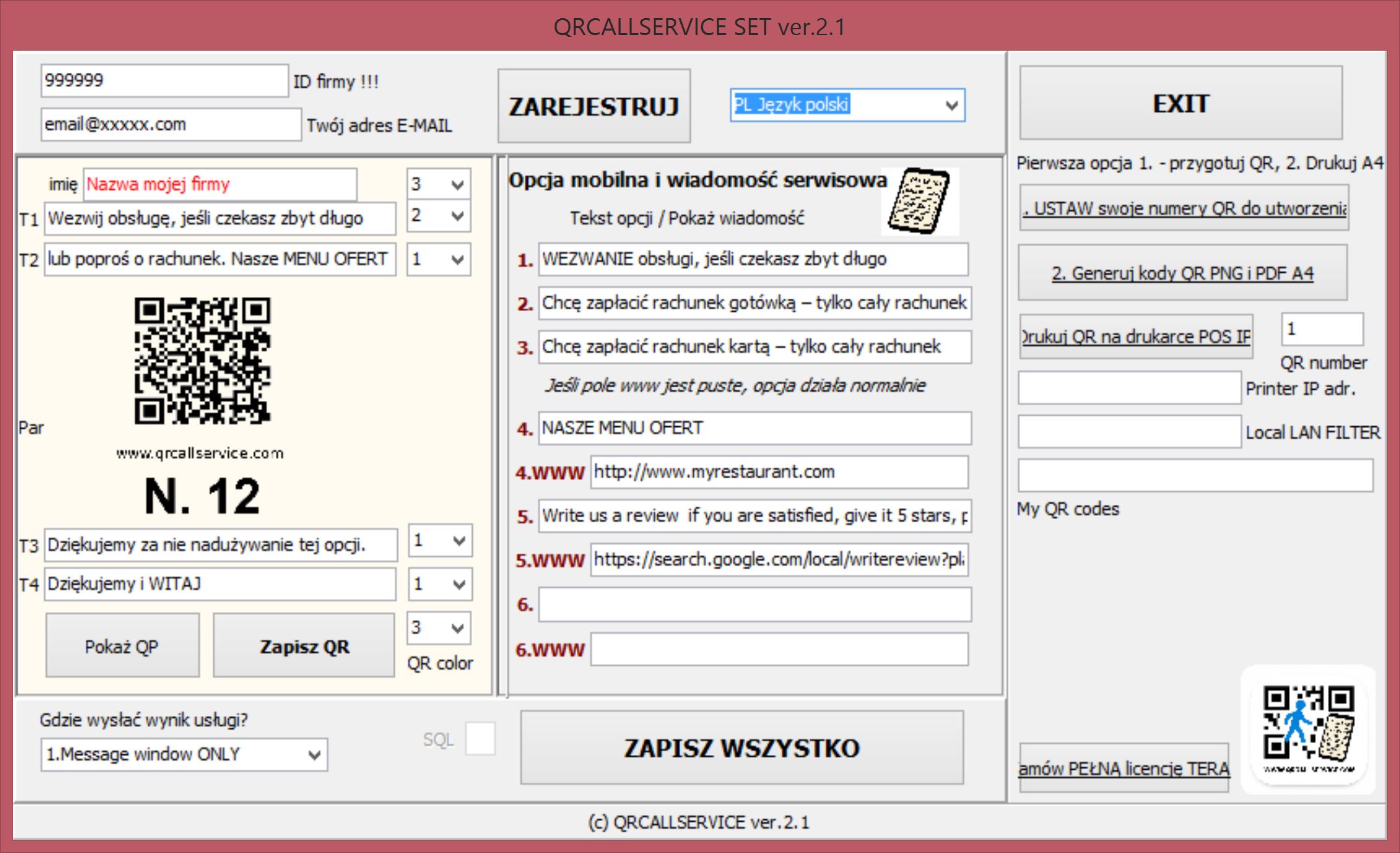 Konfiguracja aplikacji QRCallService